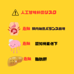 人工甘味料のリスク注意イラスト 腸内環境・認知低下・肝臓疾患の警告マーク